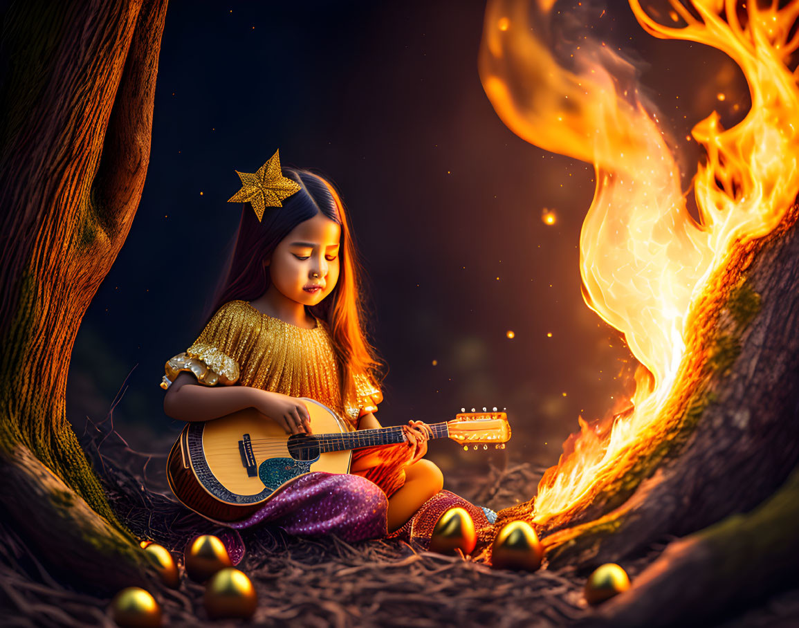 Girl playing guitar among golden tree