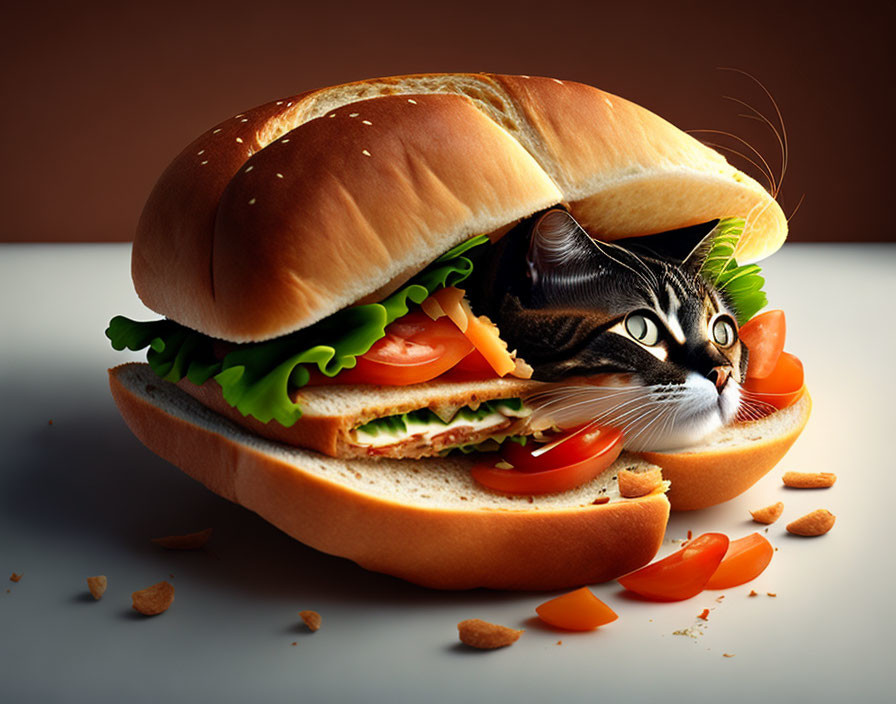 The cat hid in a sandwich