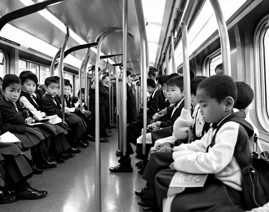 Schoolchildren on a subway train