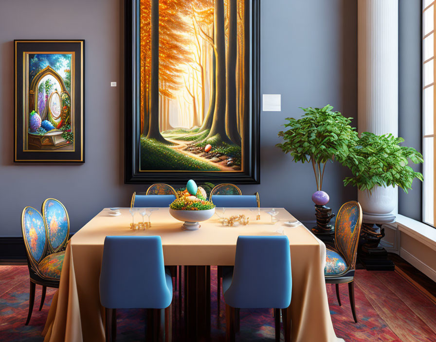 Sophisticated dining room with autumn forest painting, blue chairs, ornate decor, and potted