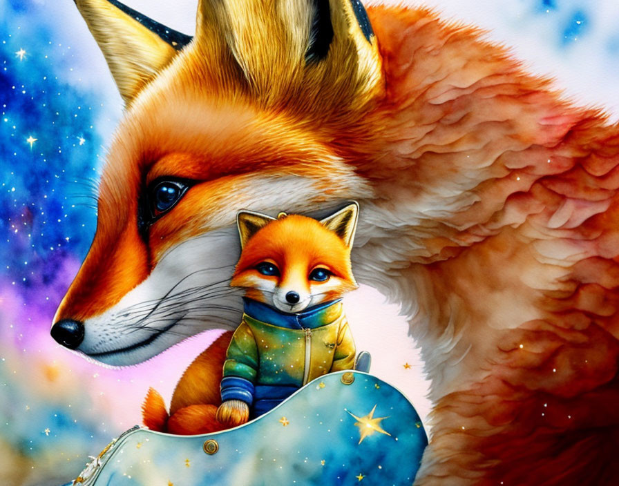 Adult and baby fox artwork with starry background and scarf.