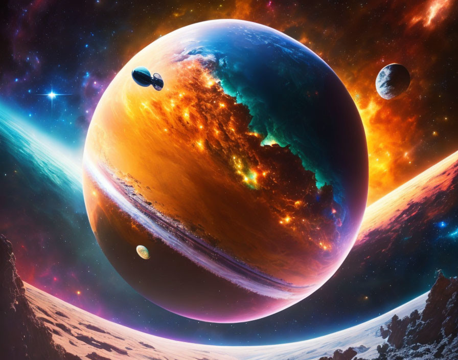 Detailed Space Scene with Large Planet, Celestial Bodies, and Colorful Nebulas