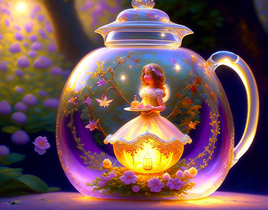 Glowing teapot with fairy-tale girl in magical garden