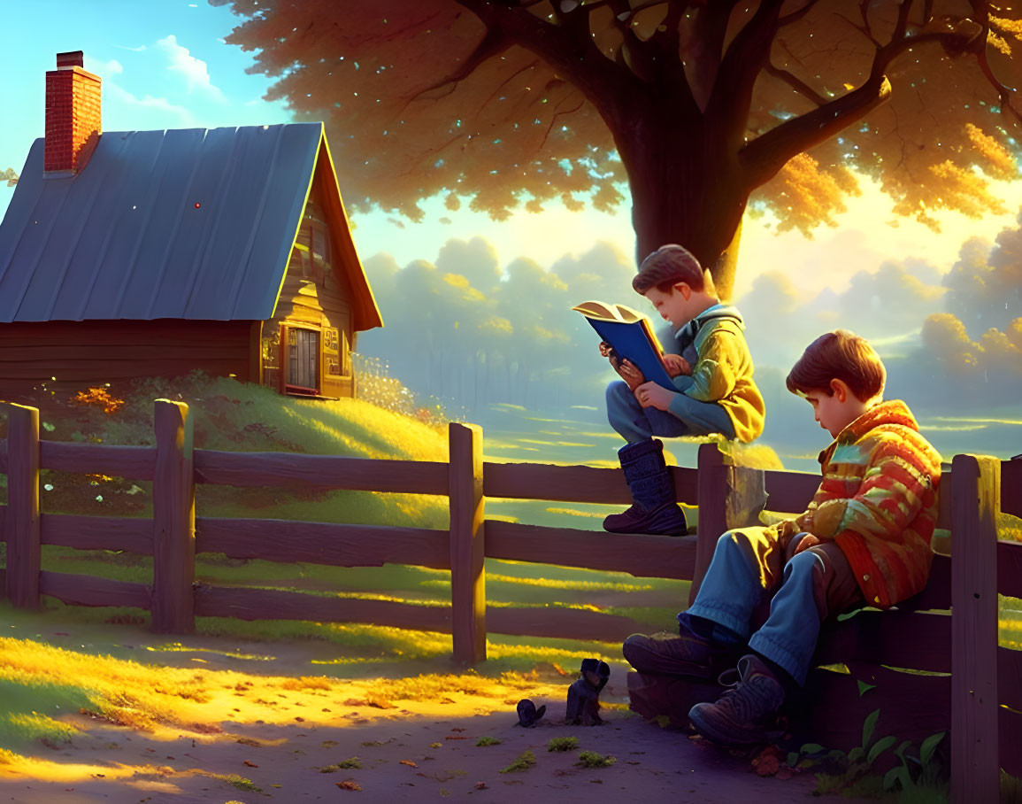 Boys sitting on a fence, read book
