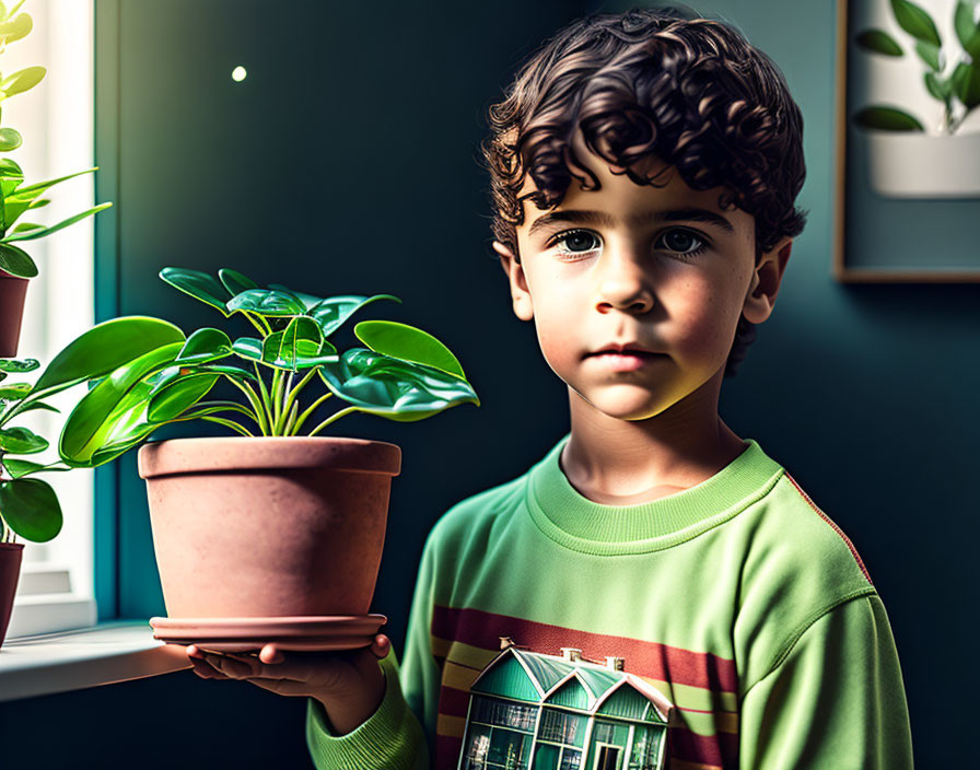  Boy holding a potted houseplant