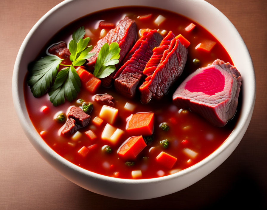 Still life: red vegetable soup with pieces of beef