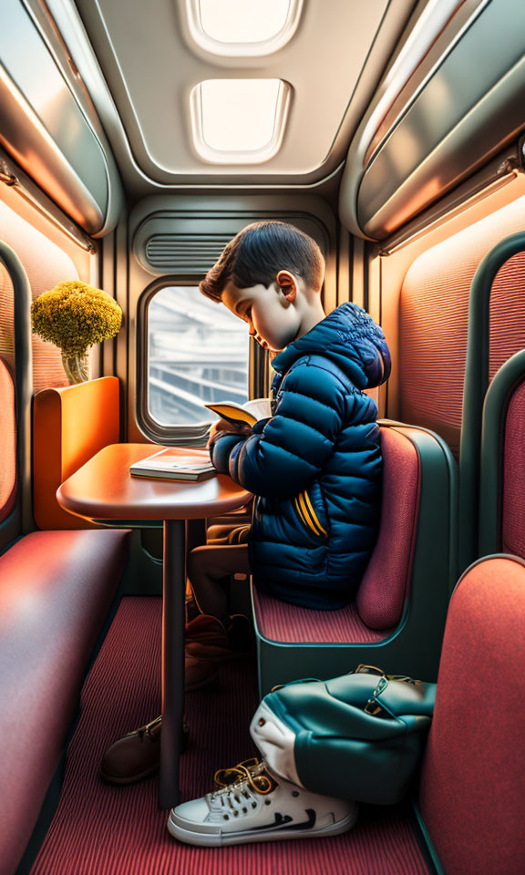 A boy reads a book on a train