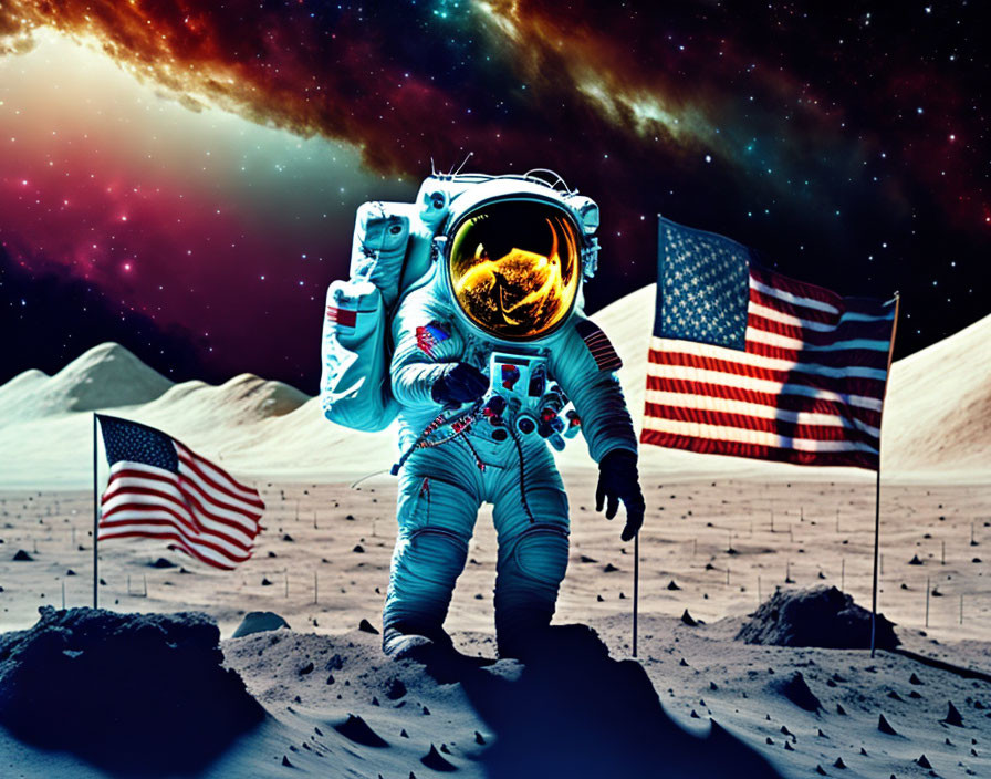 Astronaut with flag on lunar surface surrounded by American flags and nebula.