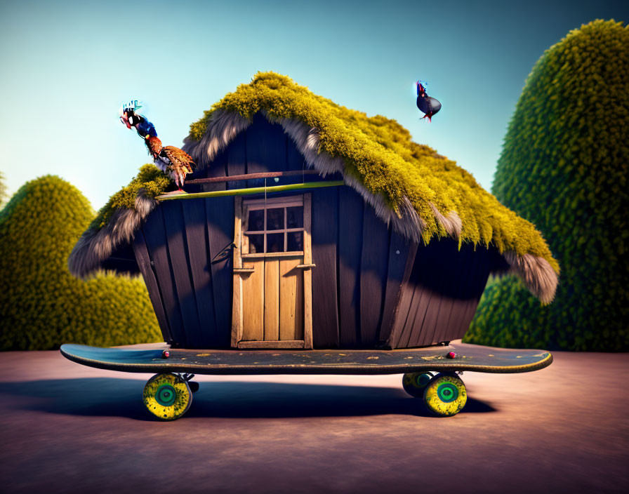 hut stands on a skateboard