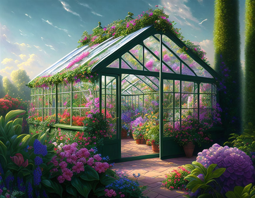 Greenhouse, garden with exotic flowers