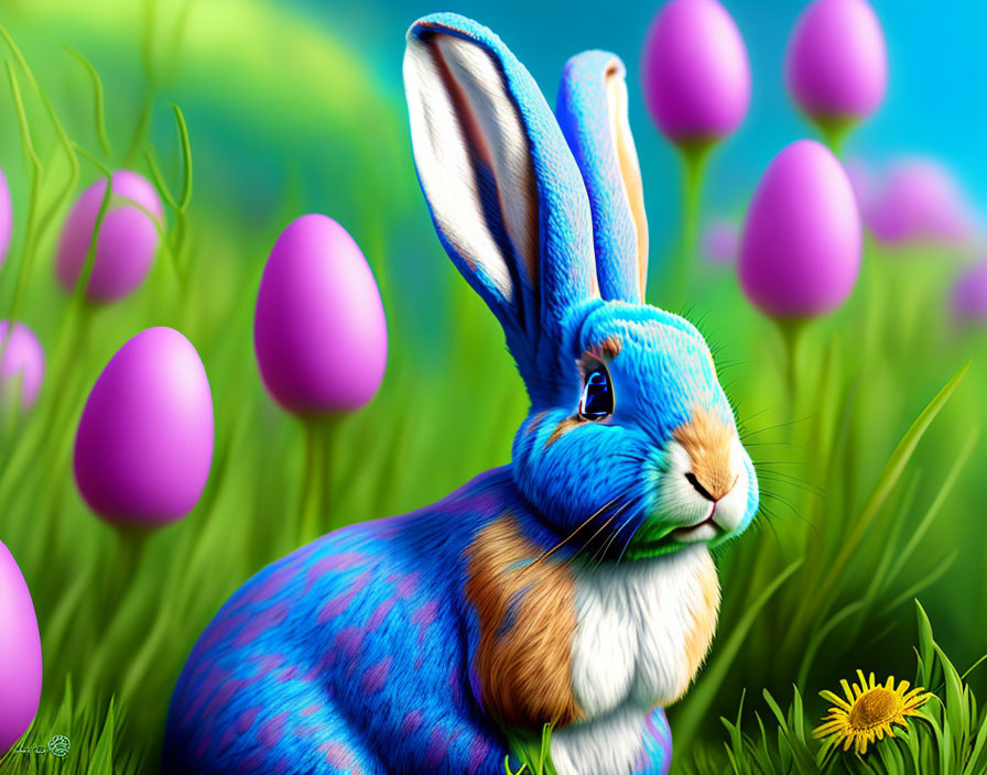 Colorful Digital Art: Blue Rabbit in Field with Easter Eggs
