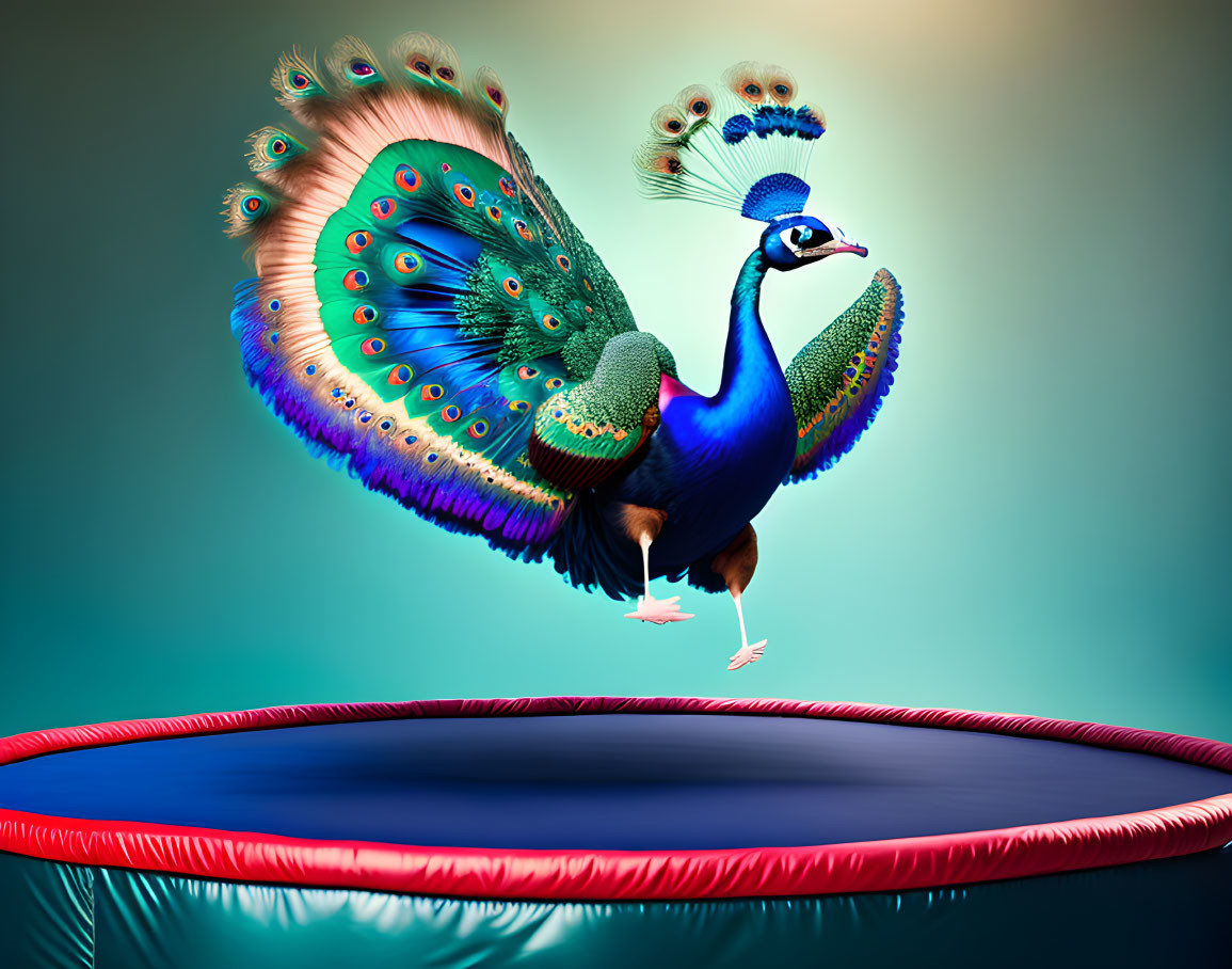 Peacock jumping on a trampoline