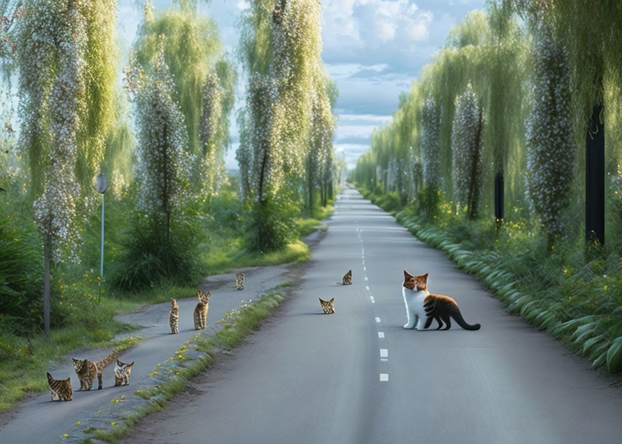 Scenic road with cats among green trees and flowers