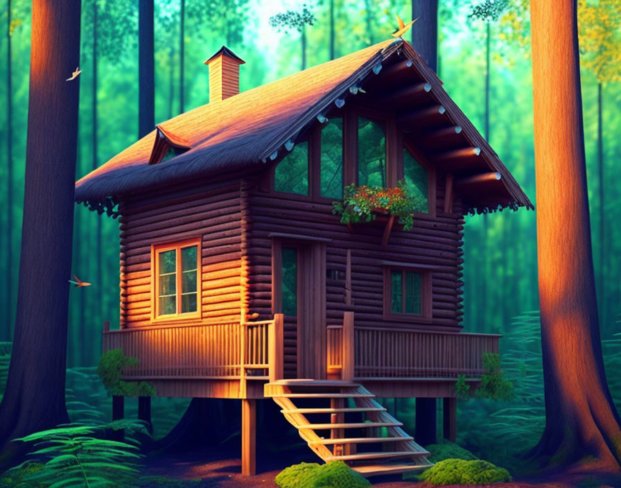 Illustration of cozy wooden cabin on stilts in vibrant forest setting