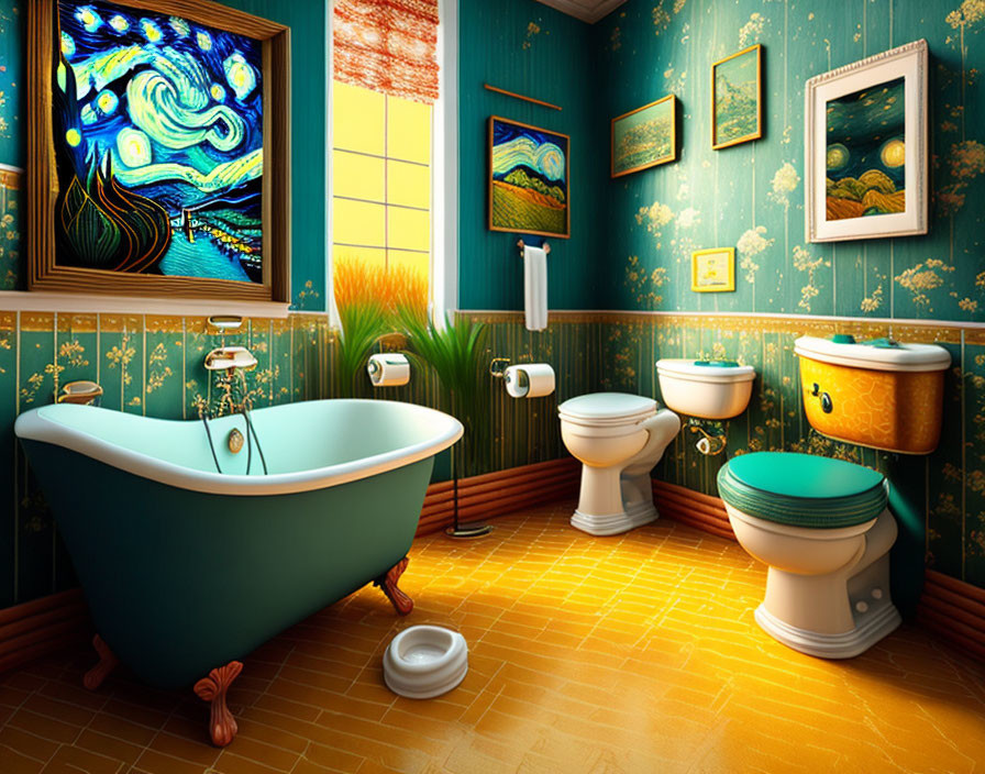 Bathroom interior in the style of Van Gogh