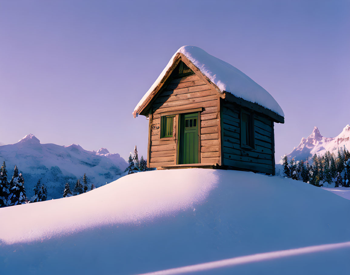 A small hut on top of a snowy mountain