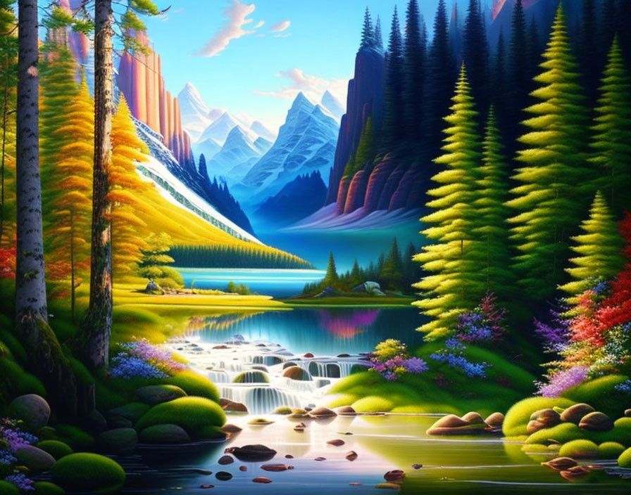 Scenic landscape with waterfall, lake, trees, and mountains