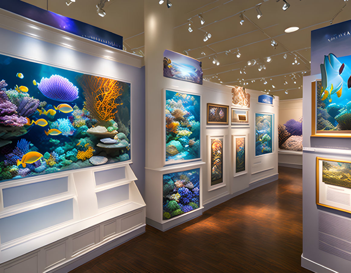 exhibition hall with photographs, underwater world