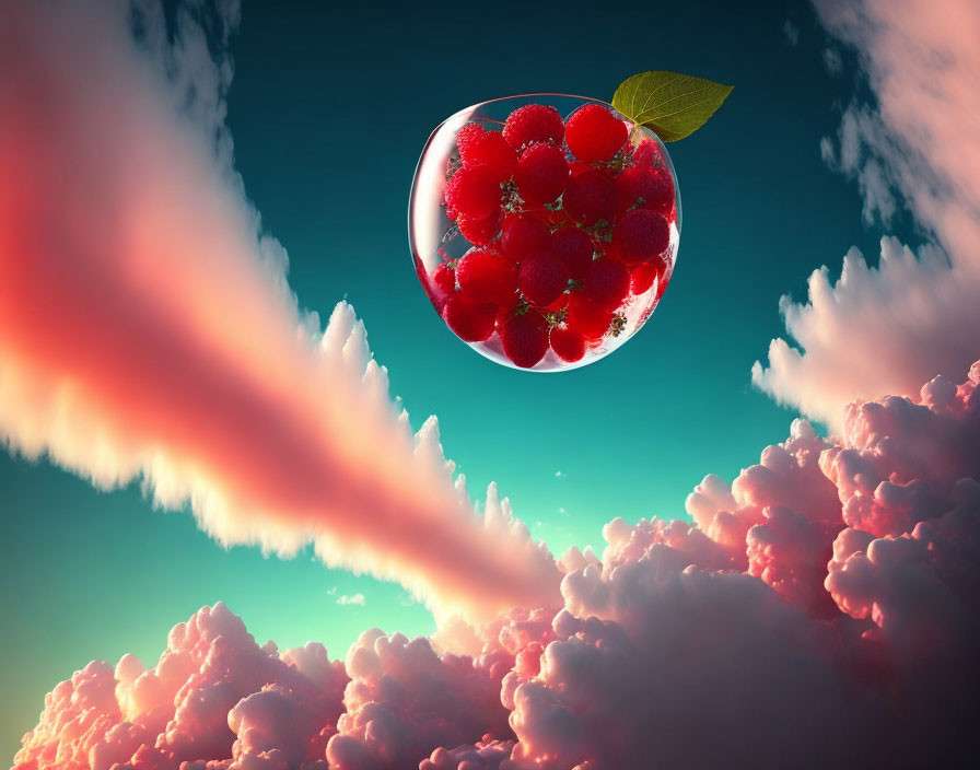 Surreal transparent sphere with red raspberries in pink clouds