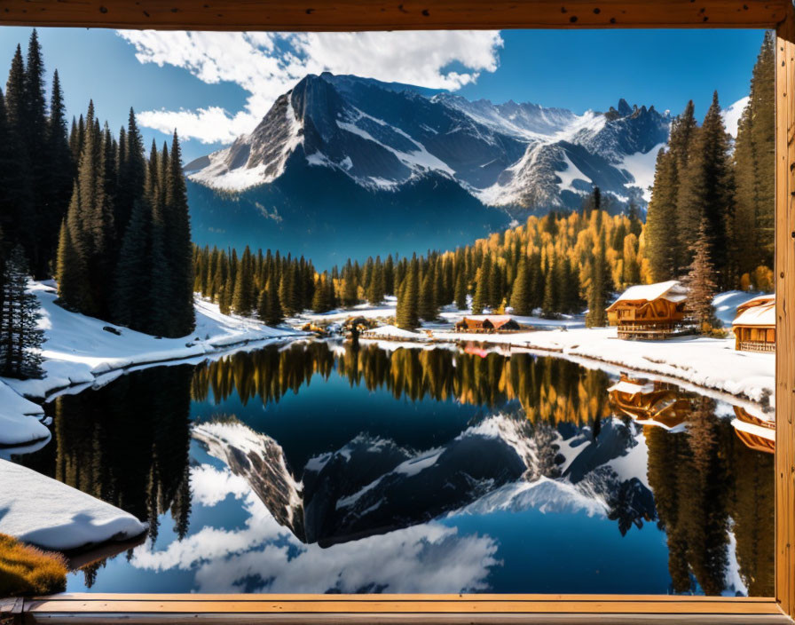 Snowy Peaks and Cabins Reflected in Mountain Lake