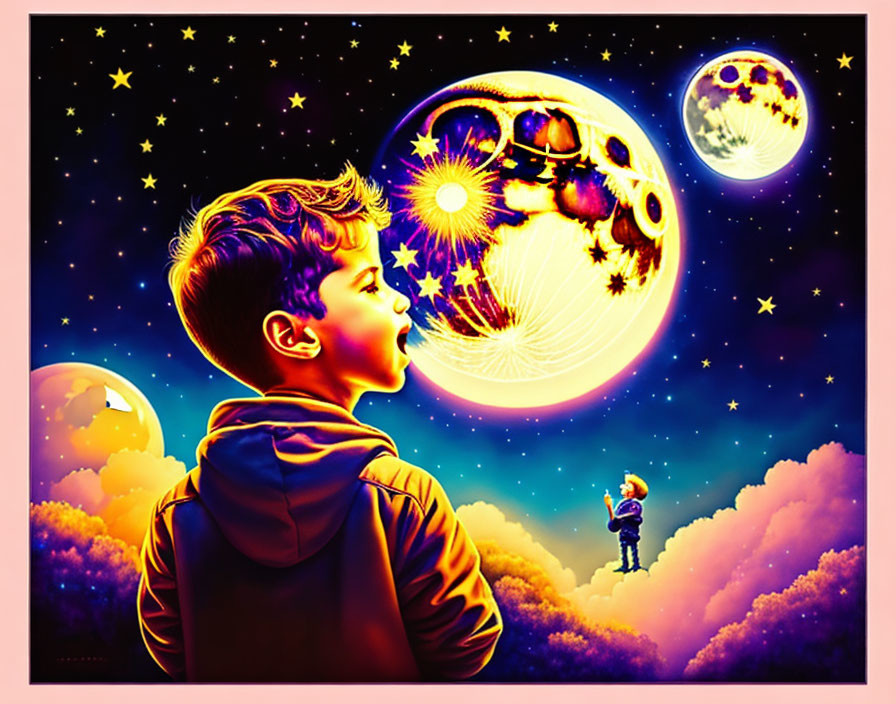 a boy sings under the moon