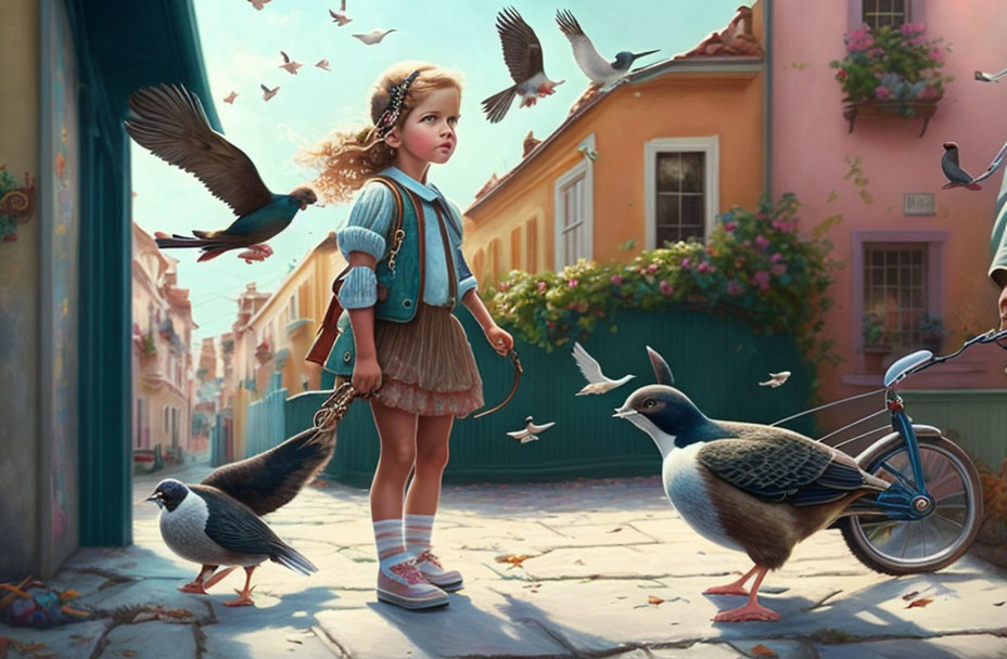Girl and pigeons on the street