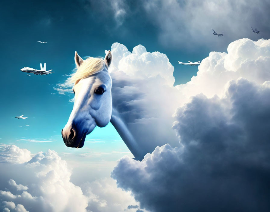 Horse in the clouds and a plane