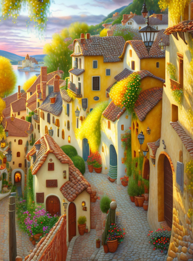 A warm-hued sunset over a picturesque town