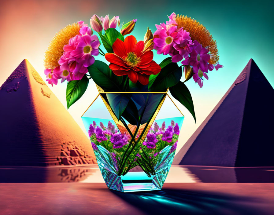 Flowers in a crystal vase at the Pyramid of Cheops