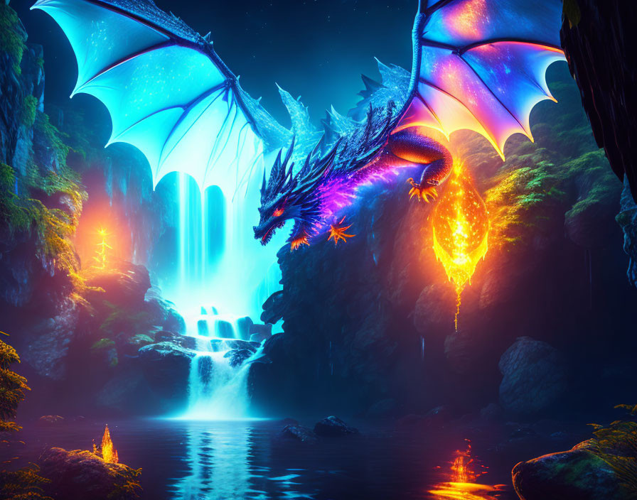 Colorful Dragon with Luminous Wings by Waterfall at Night