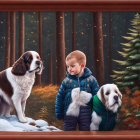 Boy in winter coat smiles at white and brown dog in forest scene