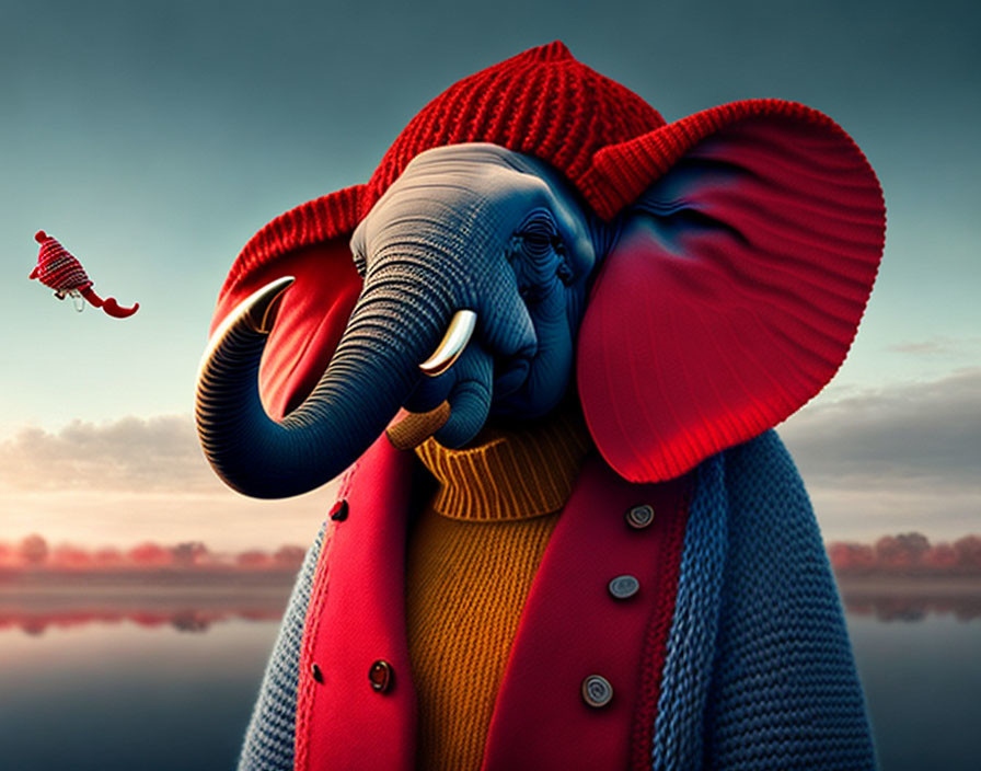 Fashionable elephant in a knitted red