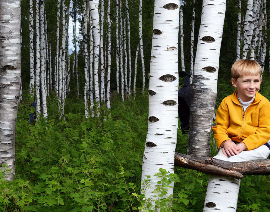 a boy sitting on a birch branch