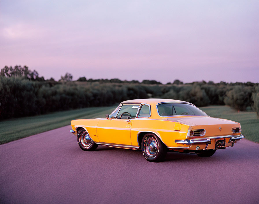 Vintage yellow car in scenic field with twilight sky.