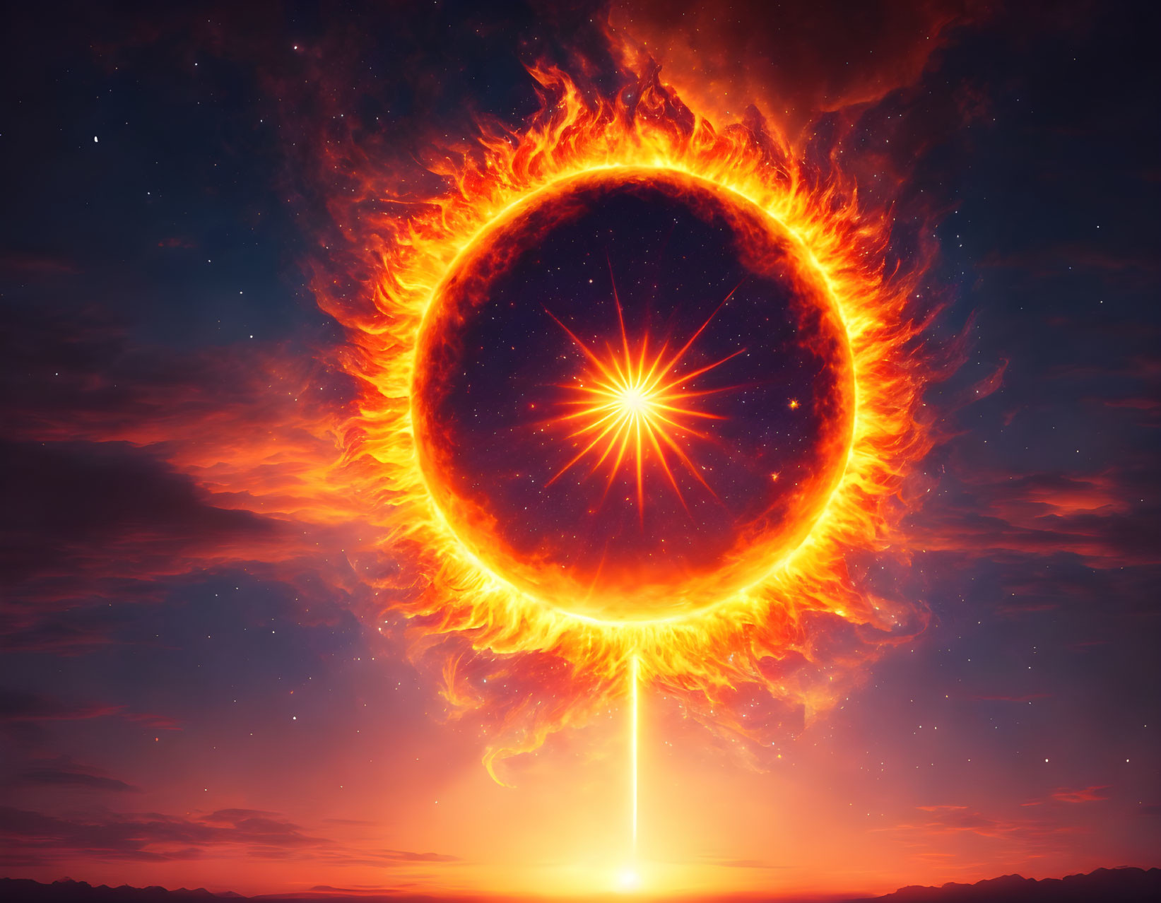 Flaming ring in sky emits bright beam against starry dusk