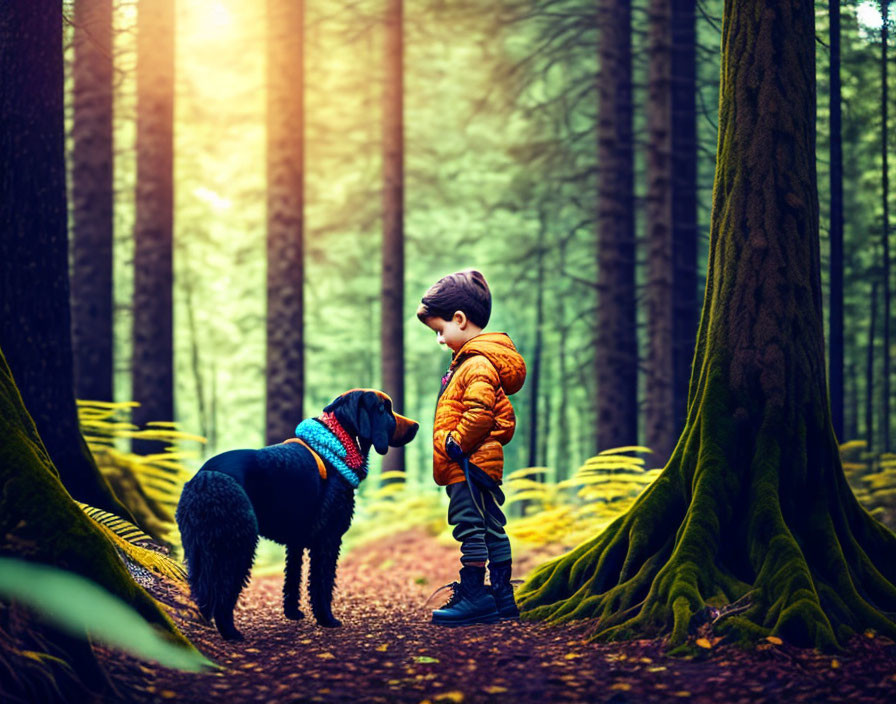 Child in Orange Jacket with Black Dog in Sunlit Forest