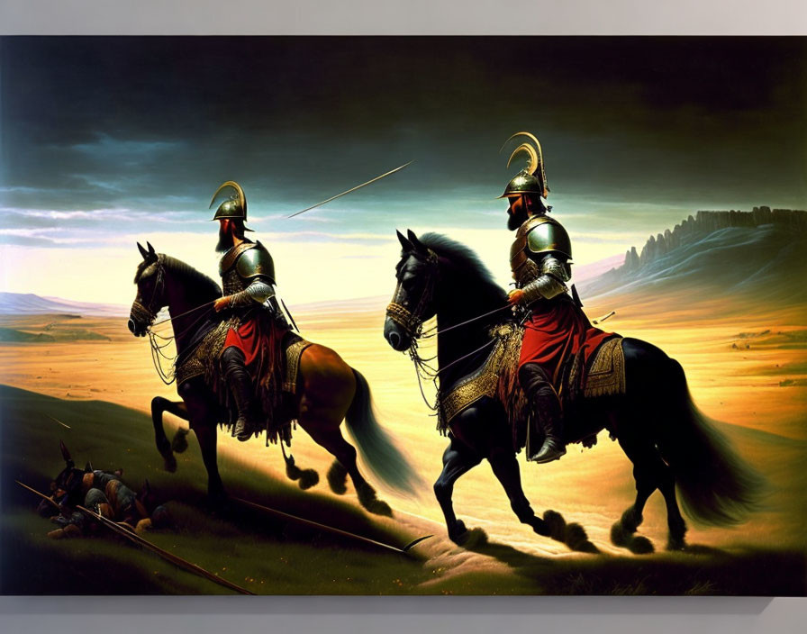 Ancient warriors in helmets and red cloaks riding black horses in desert landscape.