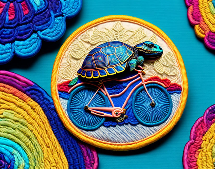 Colorful Turtle Riding Bicycle Embroidered Patch with Vibrant Patterned Wheels