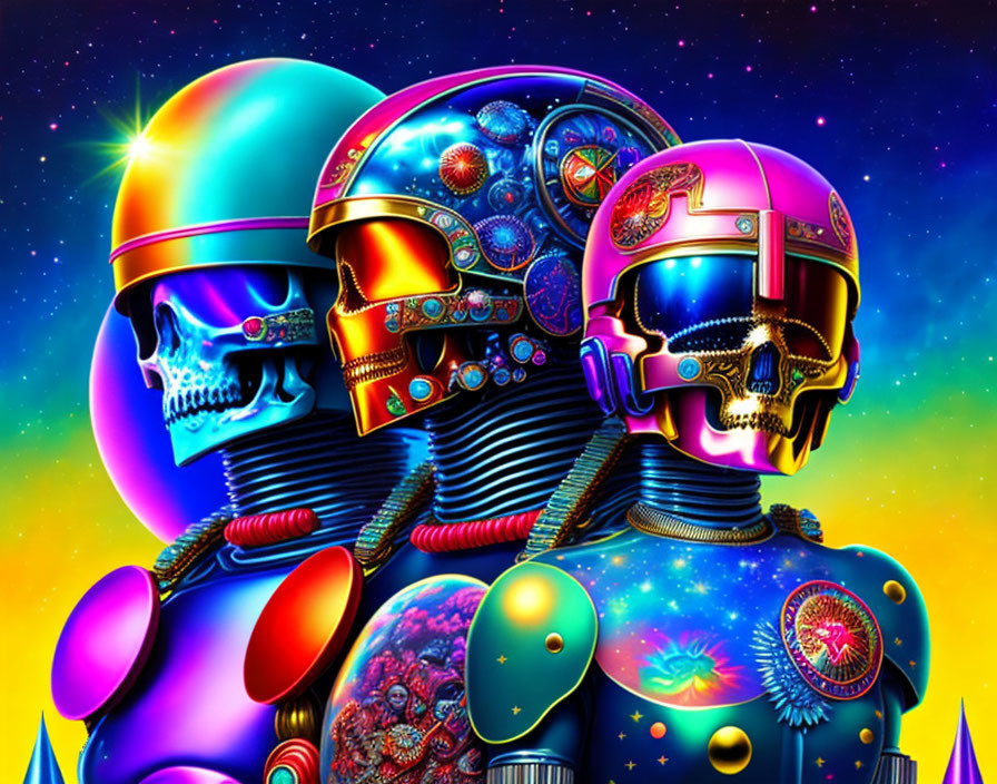 Colorful futuristic robotic skulls with cosmic designs in space.