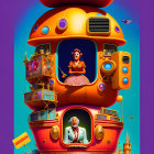 Colorful digital artwork: Whimsical Eastern-inspired structure with balloons, submarine, and orbs on purple