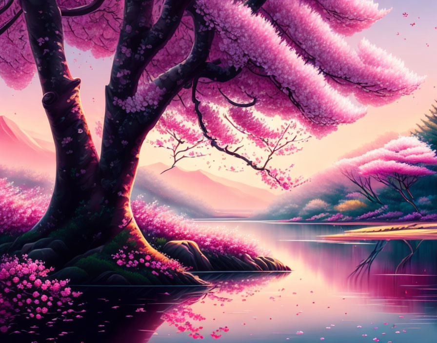 Tranquil digital art: Cherry blossoms by a lake at dusk
