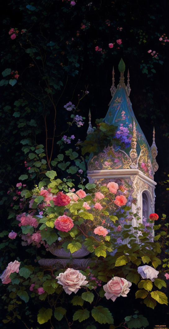 Ornate birdhouse with pink and red roses in magical garden