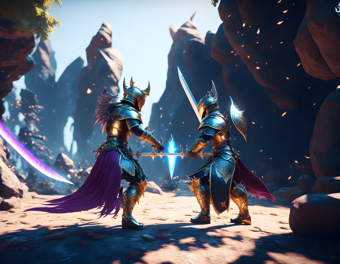 Armored knights duel in rocky landscape with blue crystals.