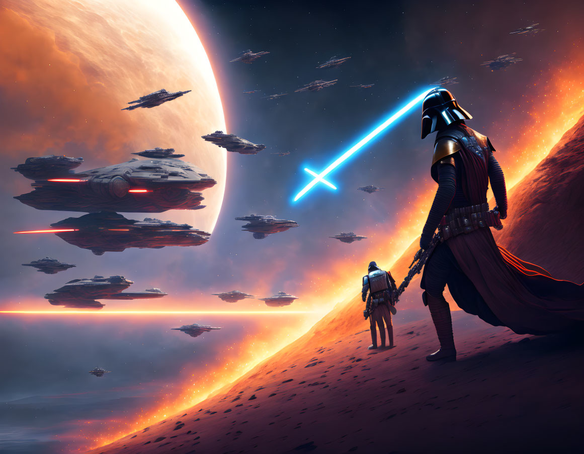 Warrior with blue lightsaber on sandy planet with battling spaceships