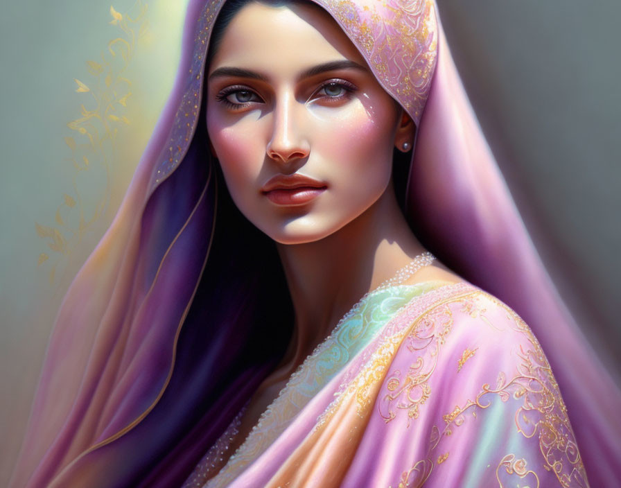 Illustrated portrait of a woman in gradient hijab with gold patterns