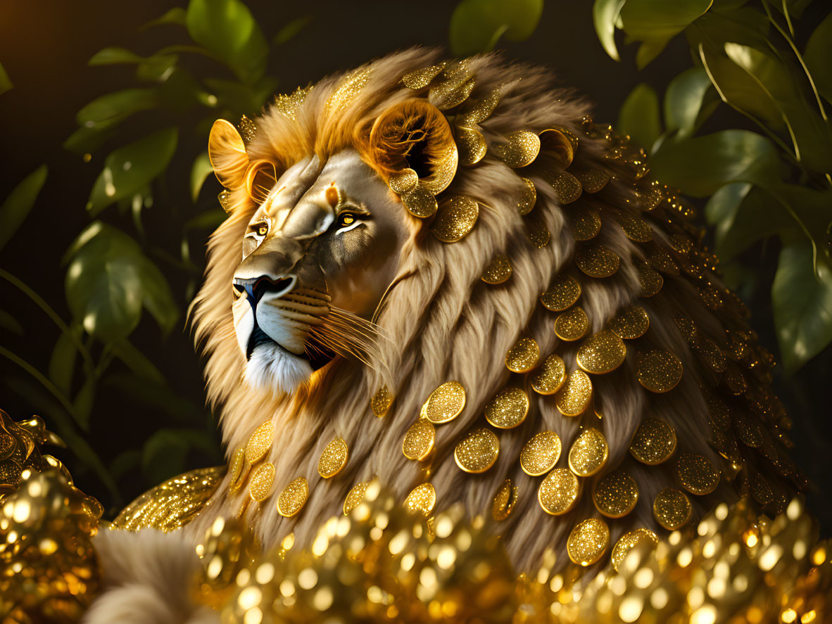 Majestic lion with golden patterns on dark background