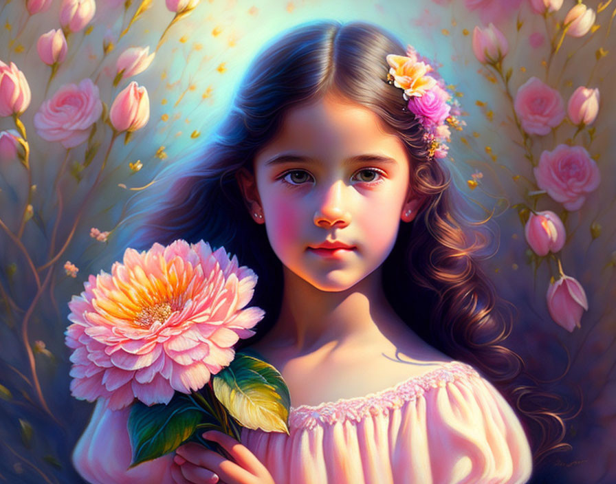 Young girl in pink dress with large flower in pink rose backdrop
