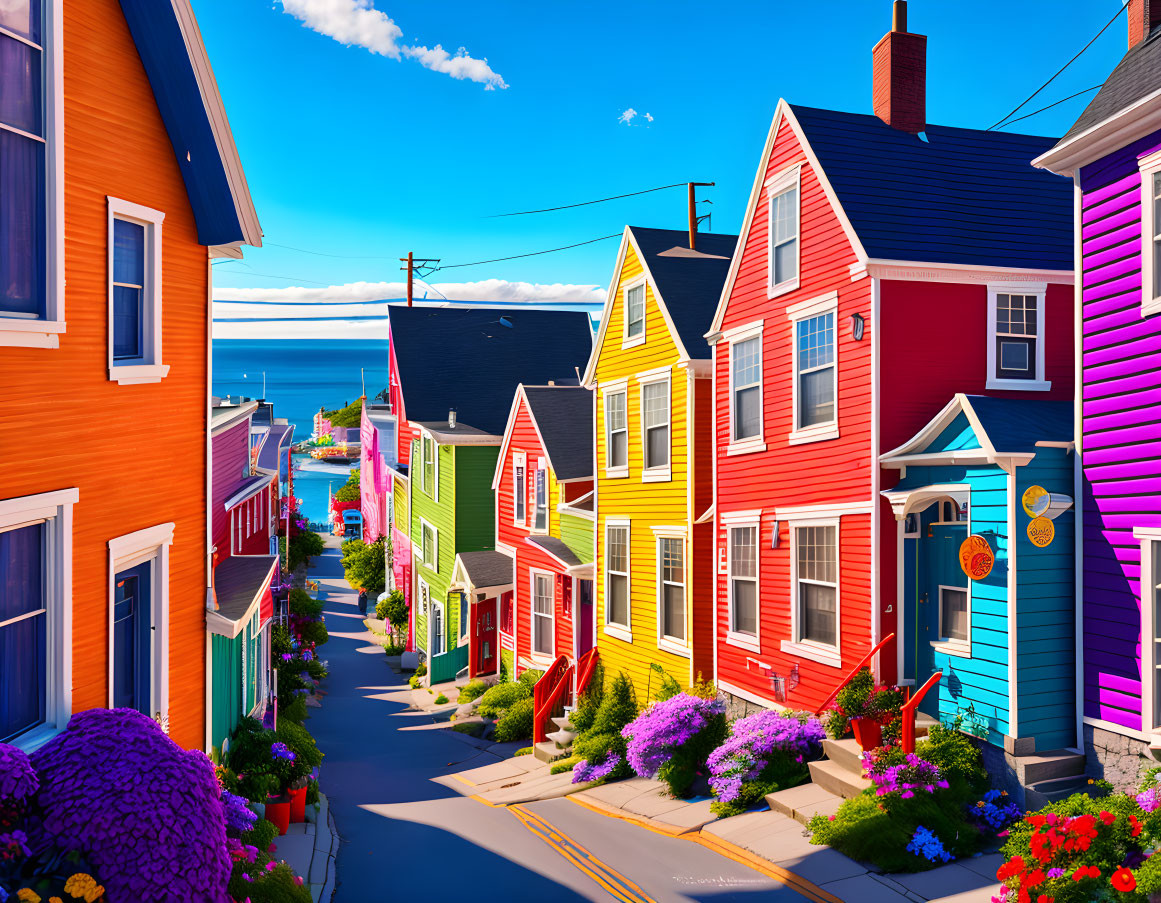 Colorful Street with Brightly Painted Houses and Ocean View