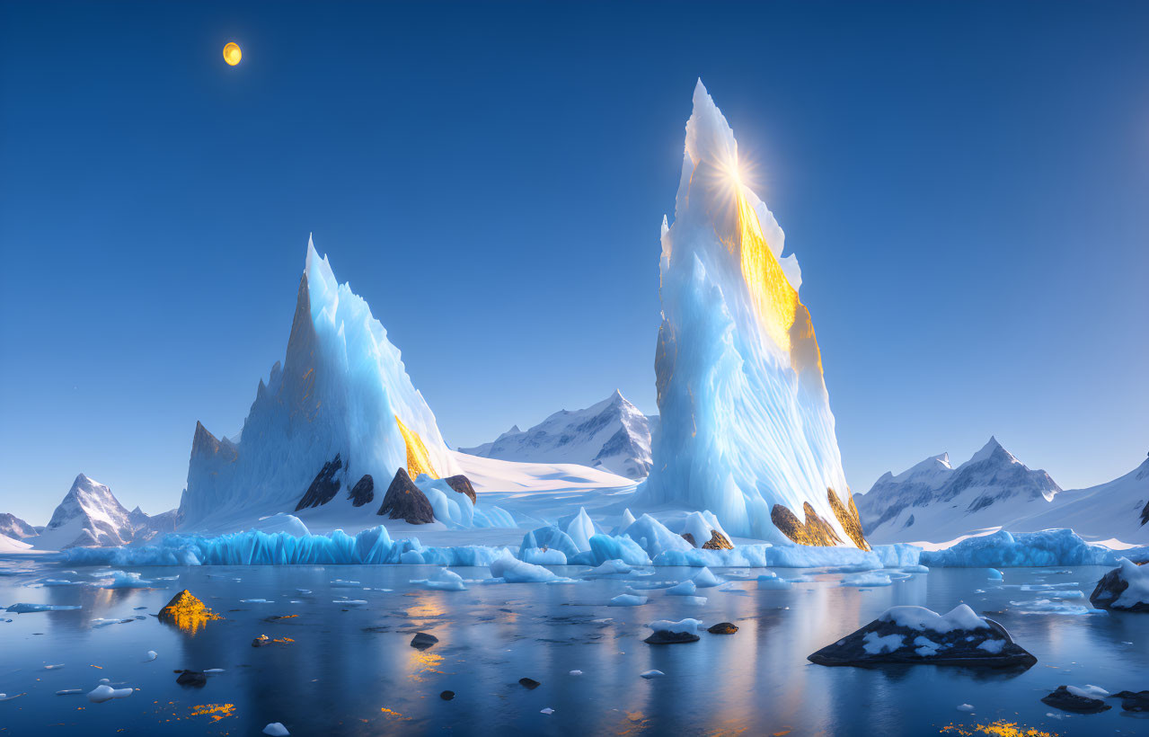 Arctic Twilight Scene: Icebergs, Moon, and Calm Waters