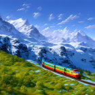 Scenic landscape with trains on bridges, mountains, waterfalls, and forests